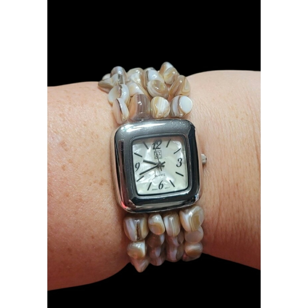New York & Company Silver and Mother of Pearl Shell Beaded Stretch Women's Watch